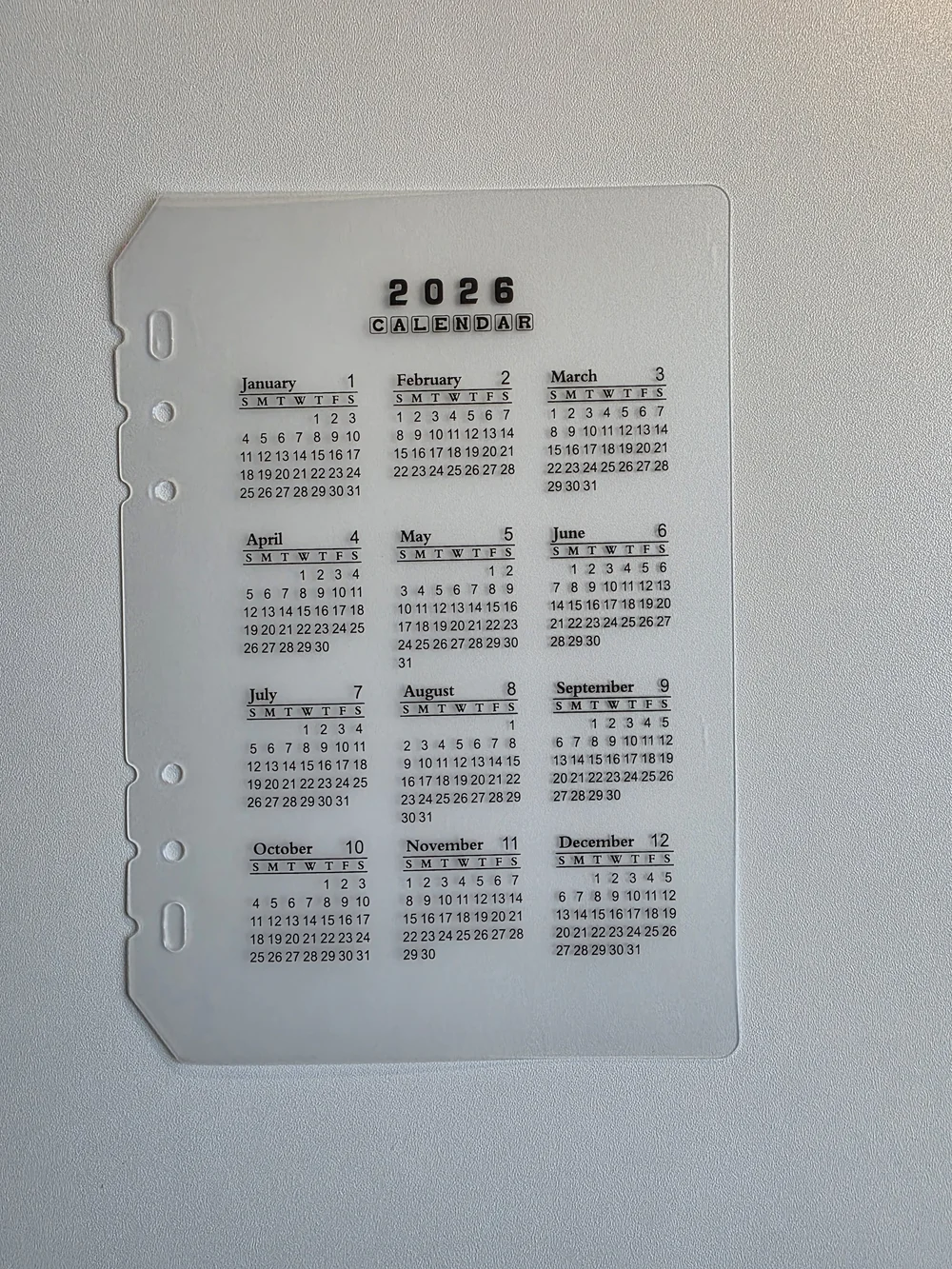 A5 Year At A Glance 2026 Acrylic Planner Calendar Insert - Clear